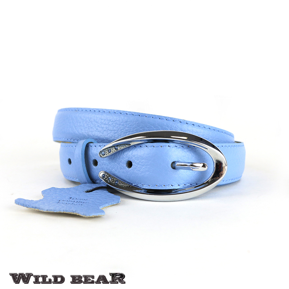 Ремень нежно-голубой 2,5 см из натуральной кожи с серебристой пряжкой со стразами в мешочке WILD BEAR RM-045m Light-blue