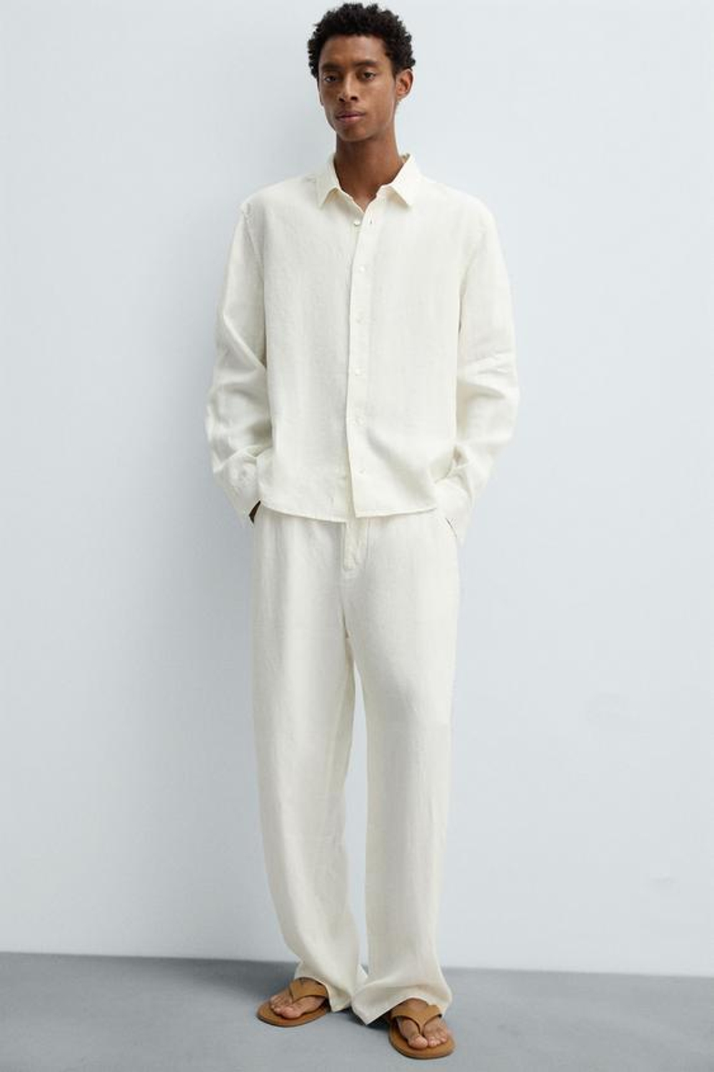 ZARA БРЮКИ СВОБОДНОГО КРОЯ ИЗ 100% КОНОПЛИ, ЖЕЛТОВАТО-БЕЛЫЙ