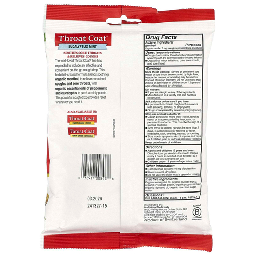 Traditional Medicinals, Organic Throat Coat®, эвкалиптовая мята, 30 леденцов от кашля с ментолом