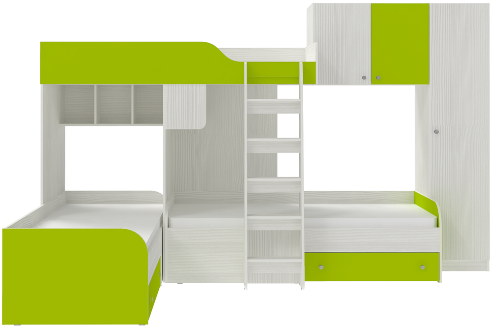 Кровать-чердак КарИВи Трио 2 Белое Дерево Лайм