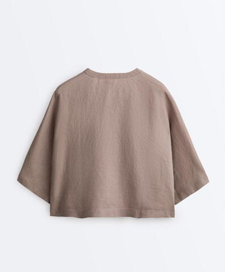 Oysho Рубашка с коротким рукавом из 100% льна, серо-коричневый