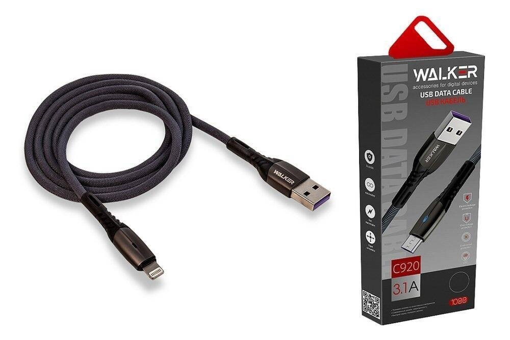 Кабель USB "WALKER" C920, 3.1А, Lightning, поддержка QC, индикатор, нейлон, черный