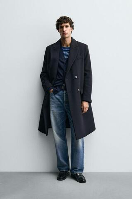 ZARA ДВУБОРТНОЕ ПАЛЬТО ИЗ СМЕСОВОЙ ШЕРСТИ MANTECO ®, МОРСКОЙ СИНИЙ