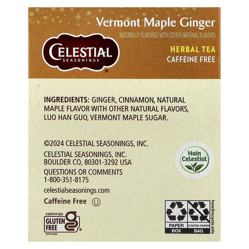 Celestial Seasonings, травяной чай, вермонтский кленовый сироп и имбирь, без кофеина, 20 чайных пакетиков, 31 г (1,1 унции)