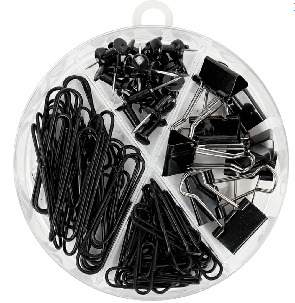 Набор канцелярских принадлежностей: кнопки 50мм, 33мм., зажимы, скрепки, цвет-черный (Darvish)