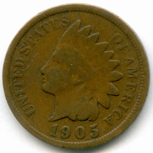 1 цент 1905 год. США. Голова индейца. Бронза, диаметр 19 мм. F-VF