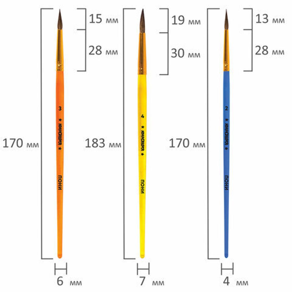 Кисти ПОНИ набор 3 шт. (круглые № 2,3,4), пакет с европодвесом, ЮНЛАНДИЯ, 201073