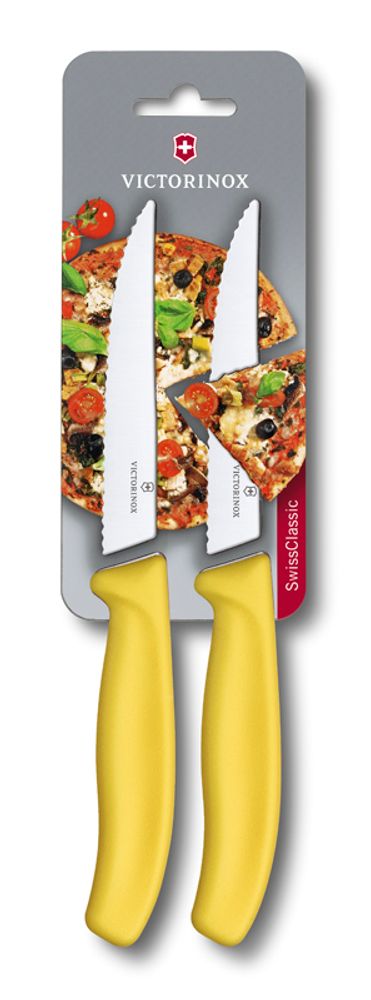 Фото набор из 2 ножей для стейка и пиццы VICTORINOX SwissClassic &quot;Gourmet&quot; 12 см с волнистой заточкой жёлтая рукоять в картонном блистере с гарантией