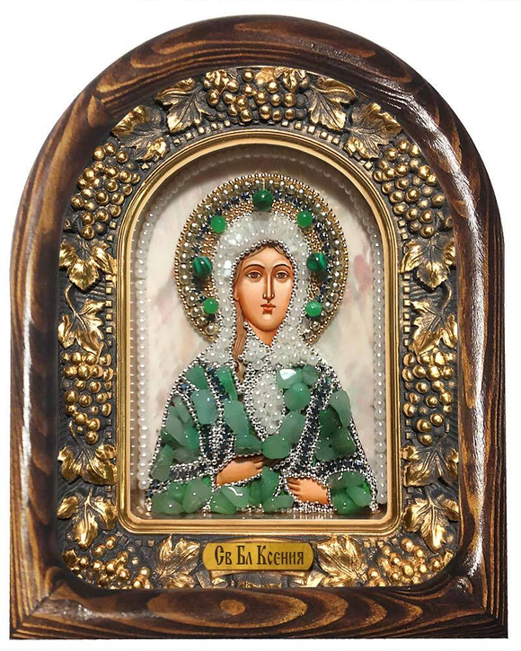 Святая Блаженная Ксения (перламутр, жемчуг, нефрит, малахит)