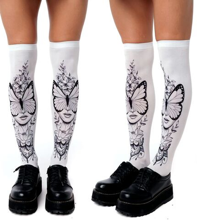 Белые гольфы с принтом в виде девушки с бабочкой (Цвет: белый)