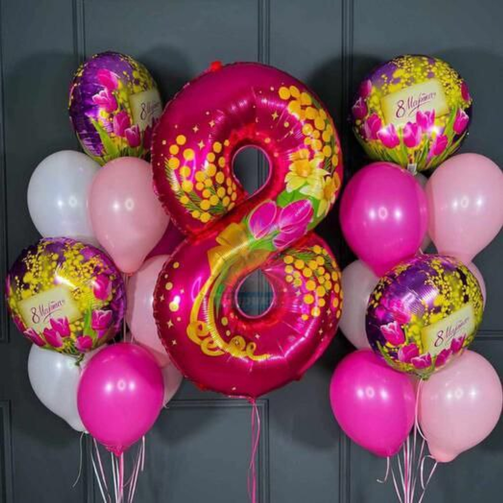 Шар круг 8 МАРТА Тюльпаны и мимозы 18"/46 см