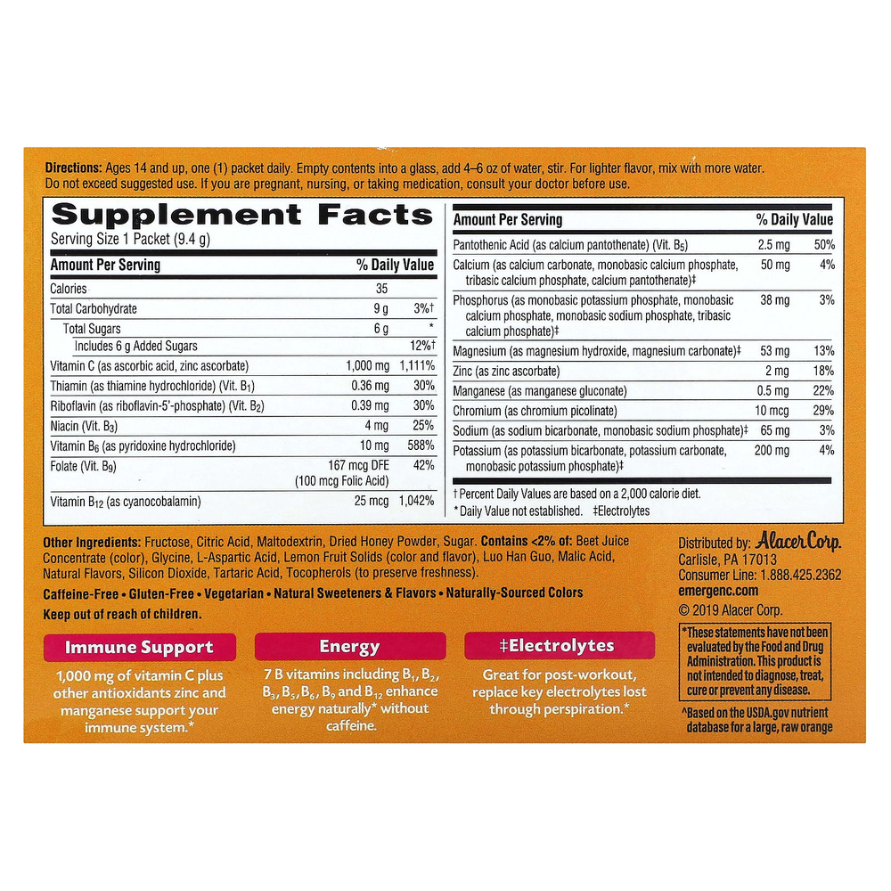 Emergen-C, Витамин C, смесь ароматизированных газированных напитков, розовый лимонад, 1000 мг, 30 пакетиков по 9,4 г (0,33 унции)