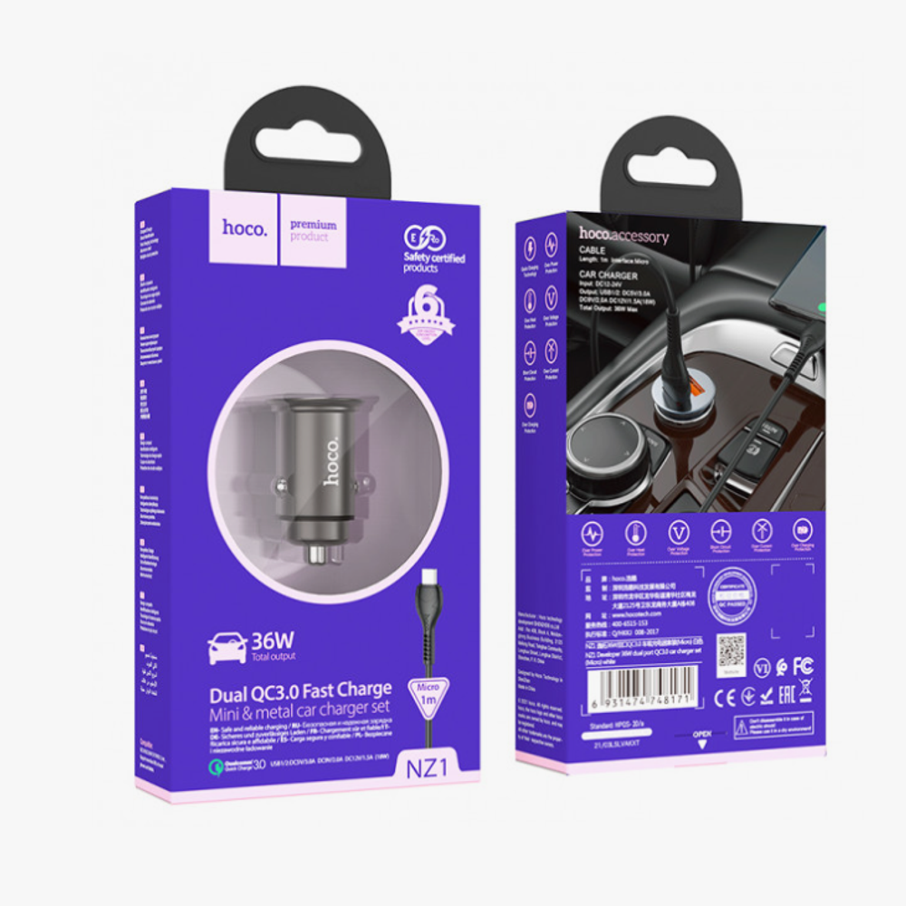 Автомобильное З/У NZ1 Developer 36W dual port QC3.0 car charger set(Micro) - black
