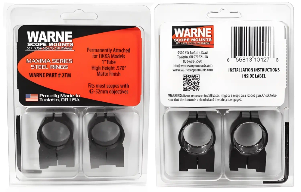 Крепления Warne Tikka для прицелов 1" 25,4 мм High (2TM) - упакованные в blister