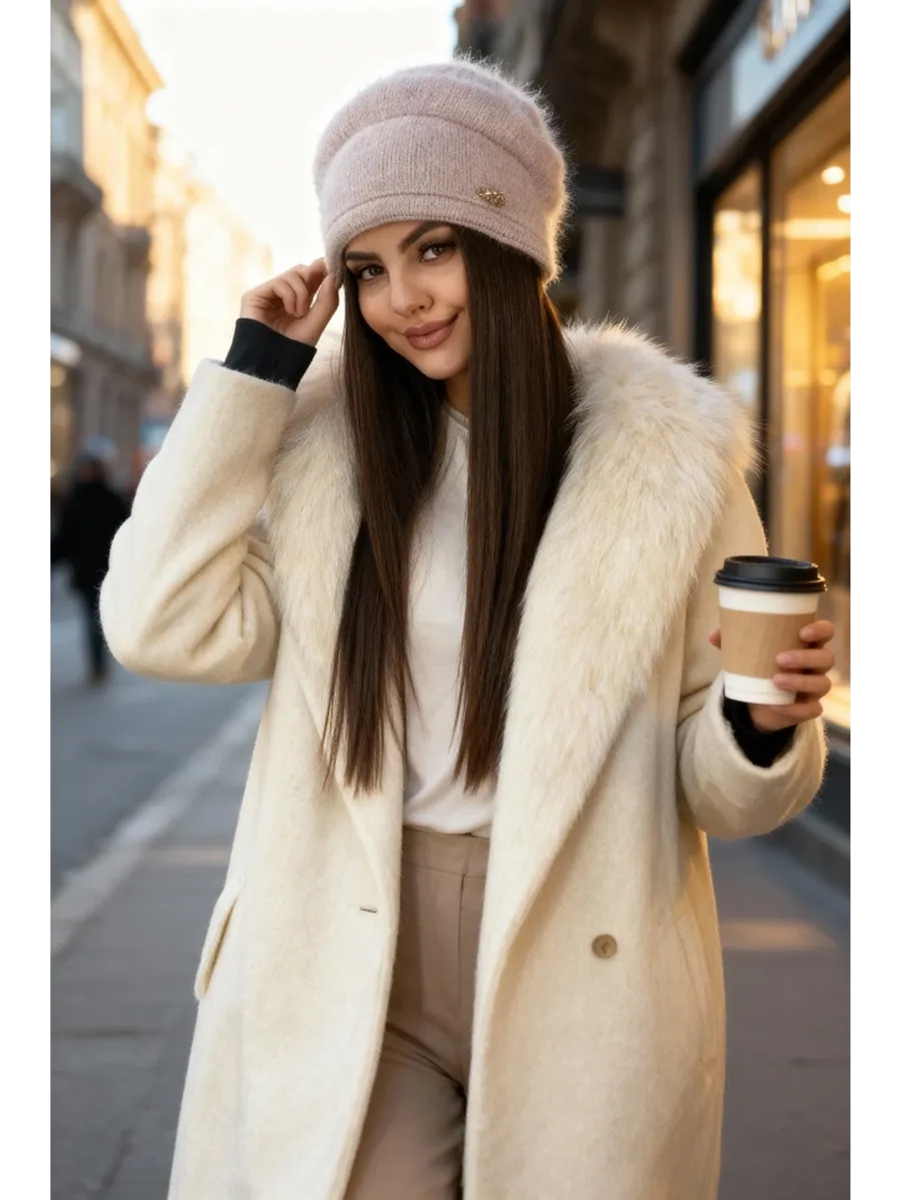 Шапка зимняя вязаная из ангоры тёплая объёмная с брошью