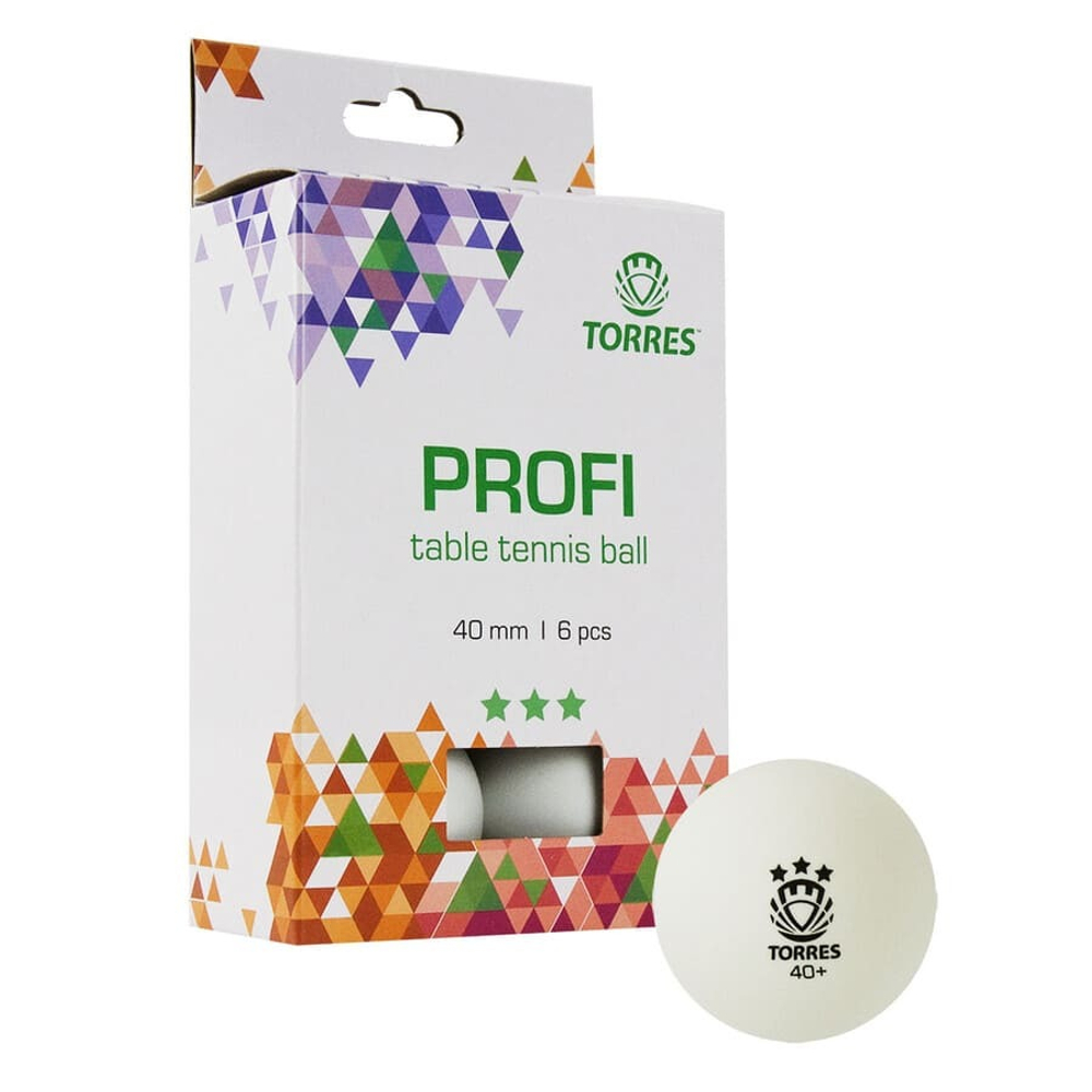 Мяч для наст. тенниса TORRES Profi 3*, диам. 40мм, упак. 6 шт, белый