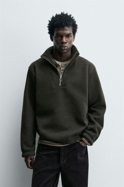 ZARA ТОЛСТОВКА С ВОРОТНИКОМ НА МОЛНИИ И СТРУКТУРОЙ, ТЕМНО-ЗЕЛЕНЫЙ