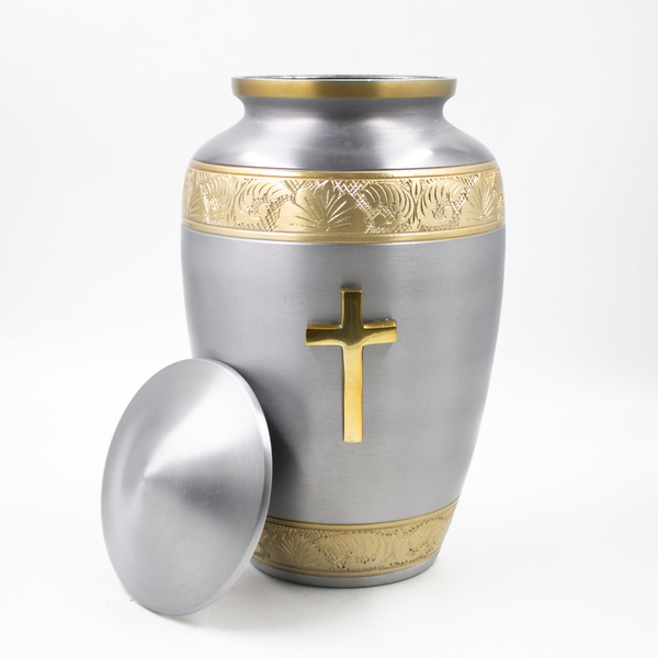 Урна для праха металл с гравировкой "Жемчуг с крестом" серебро-золото