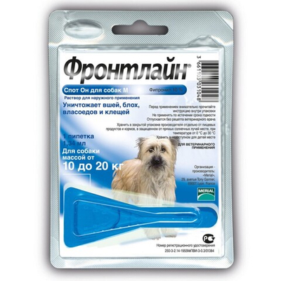 Фронтлайн Спот ОН M - капли для собак 10-20 кг от вшей, блох и клещей (1 пипетка 1,34 мл)