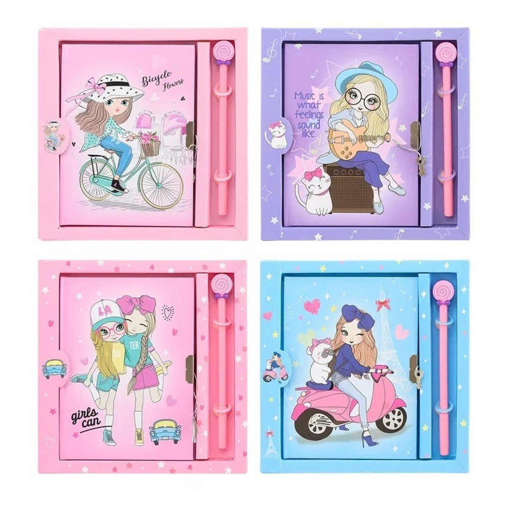Блокнот детский Basir на замке, с ручкой, формат А6, серия "Модница", с игрушкой, переплет 7БЦ, 18*13.2 см, 48 листов, ассорти