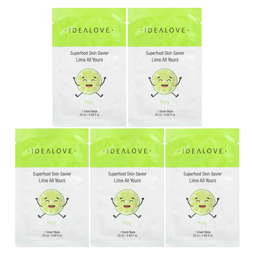 Idealove, Superfood Skin Savior, маска с суперфудами, лайм, 5 шт. по 20 мл (0,68 жидк. унции)