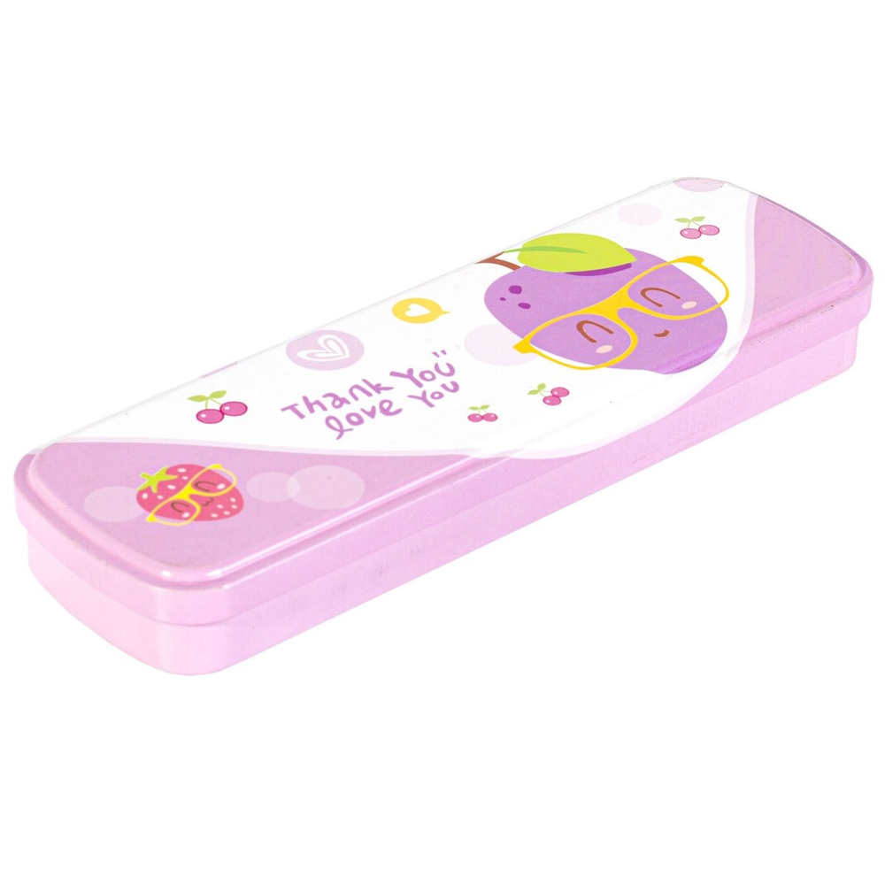 Пенал металлический 2 отделения Alingar, таблица умножения, 55 х 190 мм, "Фрукт", ассорти (роз,голуб,фиолет,син), надпись"Thank you, love you"