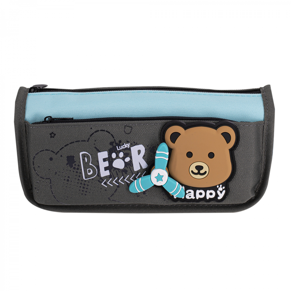 Пенал - косметичка Alingar, ткань, молния, боковой карман, вертушка, 190 х 80 х 35 мм, "Lucky Bear", медвежонок, микс (зеленый, синий, серый), европод