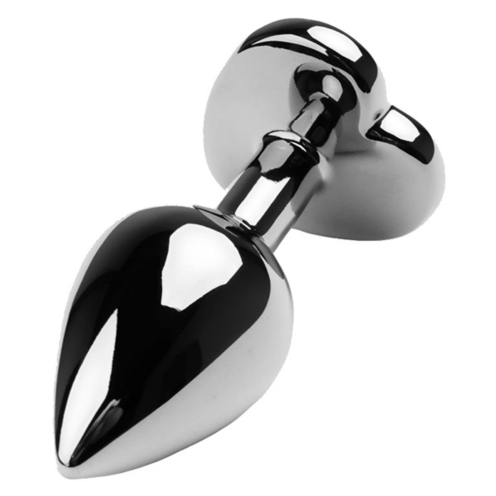 Серебристая анальная втулка 9,5см с чёрным стразом-сердцем ToyFa Metal 717015-5