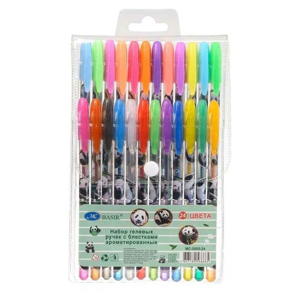 Ручка гелевая, Basir, цветные чернила, серия "Панда", ароматизированная с блёстками, 24 шт