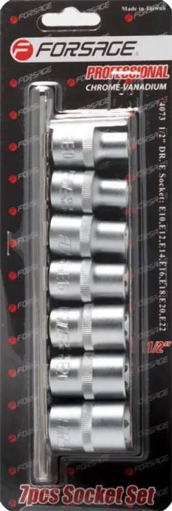 Набор головок Е-профиль 7пр. 1/2''(E10,E12,E14,E16,E18,E20,E22), на планке Forsage F-4073