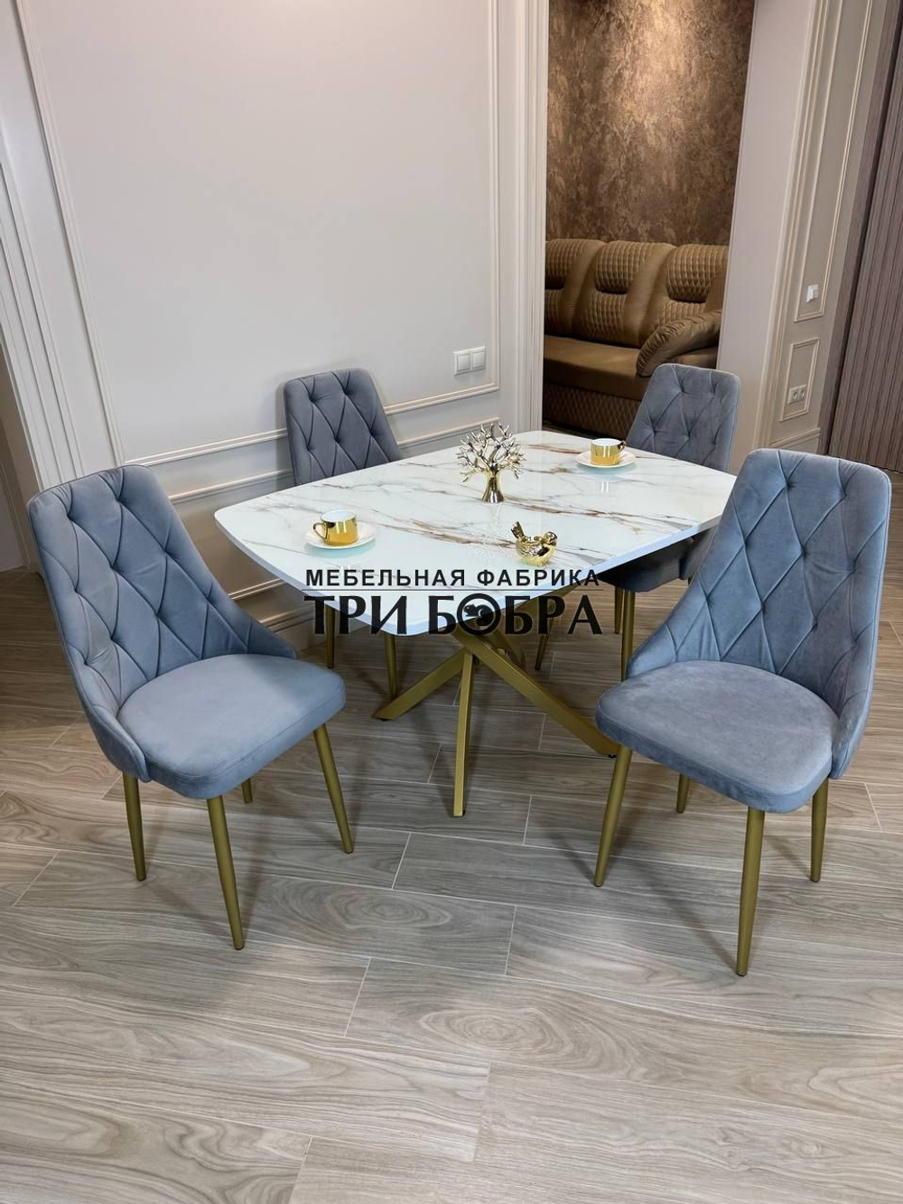 Кухонный раздвижной стол "ТАНГО" , белый мрамор и 4 стула Лондон