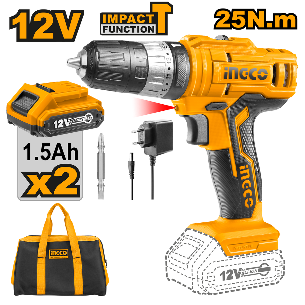 Аккумуляторный ударный шуруповерт 12В, комп: кор, 2 акб, з/у