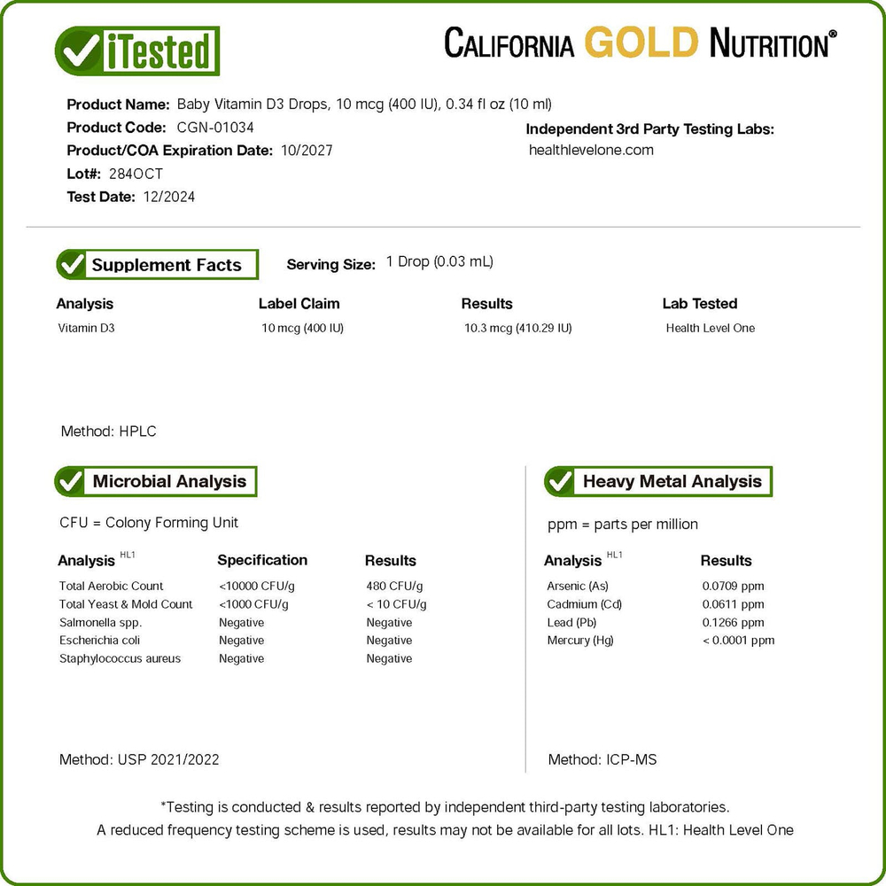 California Gold Nutrition, витамин D3 для детей в каплях, 10 мкг (400 МЕ), 10 мл (0,34 жидк. унции)