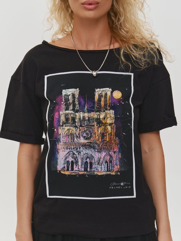 Футболка со спущенным плечом  принт "Париж", черная