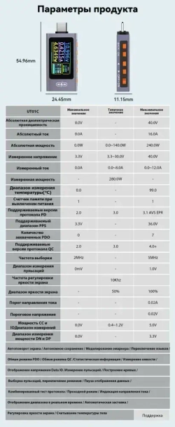 UT01C Многофункциональный USB-тестер,240W Серо - синий цифровой вольтметр-амперметр, Многопротокольное автоматическое распознавание, кривые в реальном времени