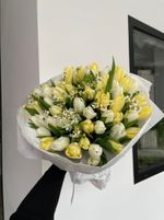 Букет большой из 51 белых, лимонных тюльпанов и ромашек