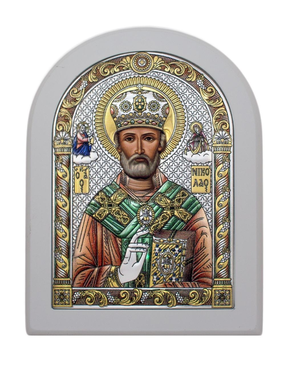 Николай Чудотворец, икона арочная, белое дерево, эмаль 120х160