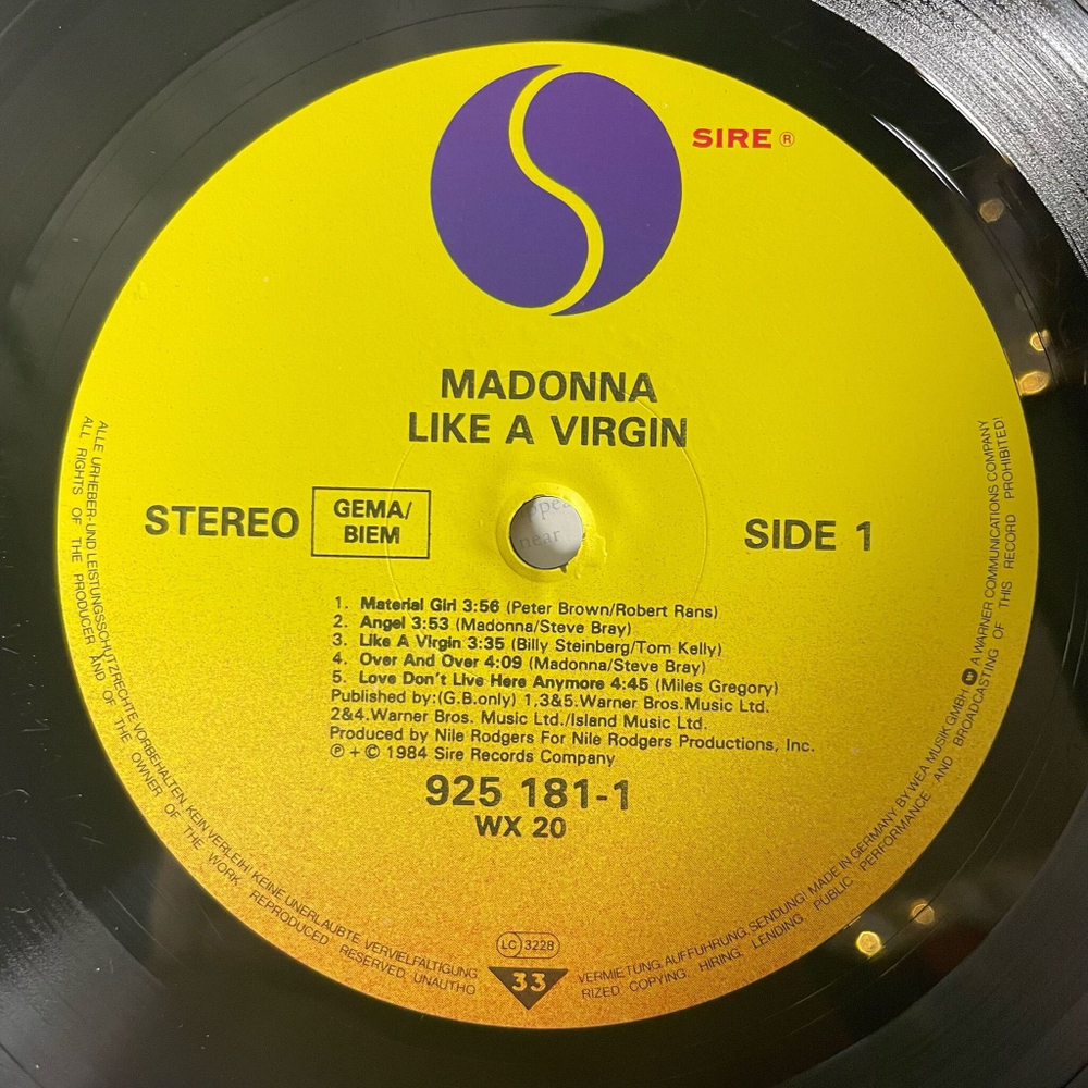 Винтажная виниловая пластинка LP Madonna Like A Virgin (Germany 1985) Material Girl
