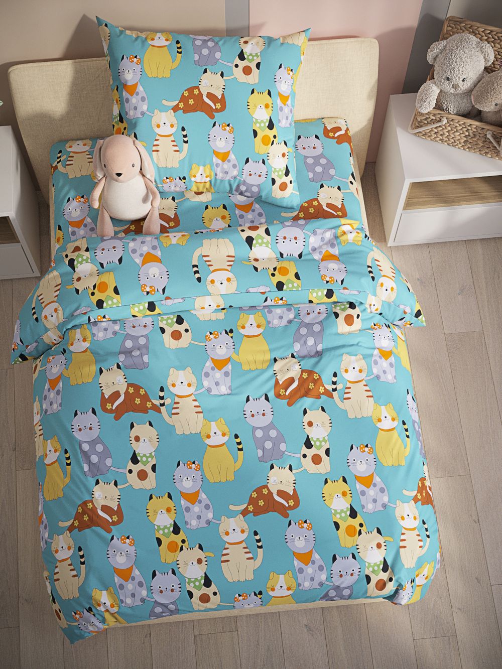 Простынь на резинке поплин Сказка "Мурлыки" 180x200 см