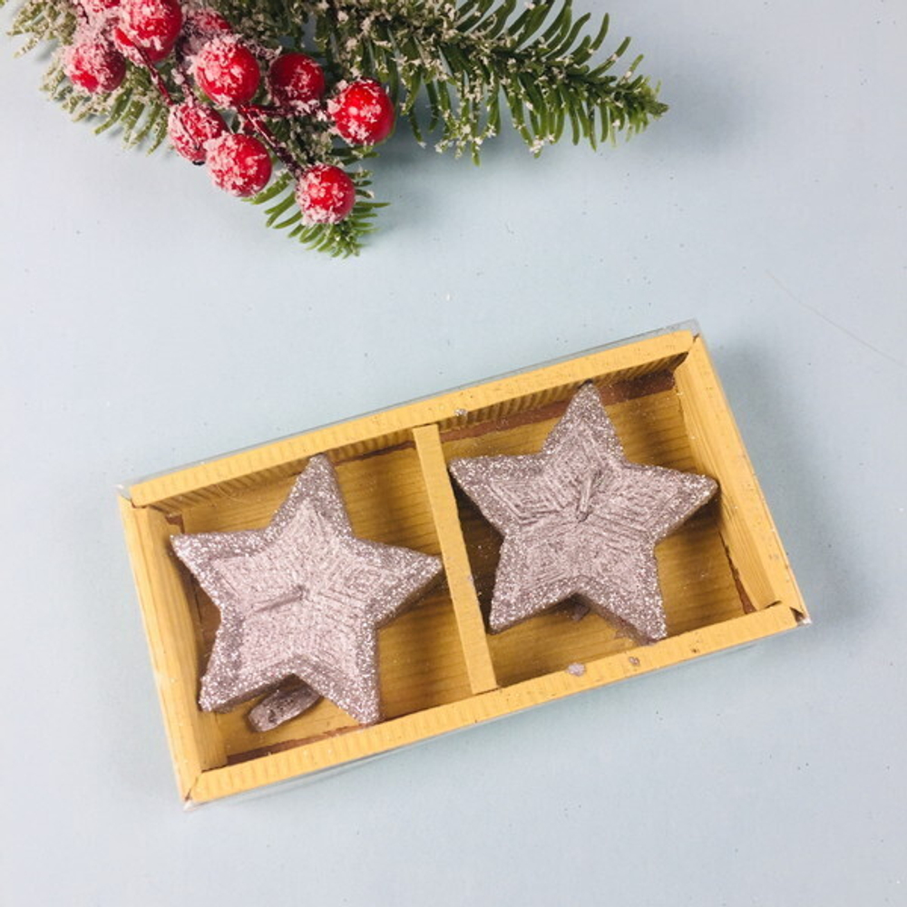 Свечи новогодние «Звездочки блестящие» 5,5 см (набор 2 шт), серебро