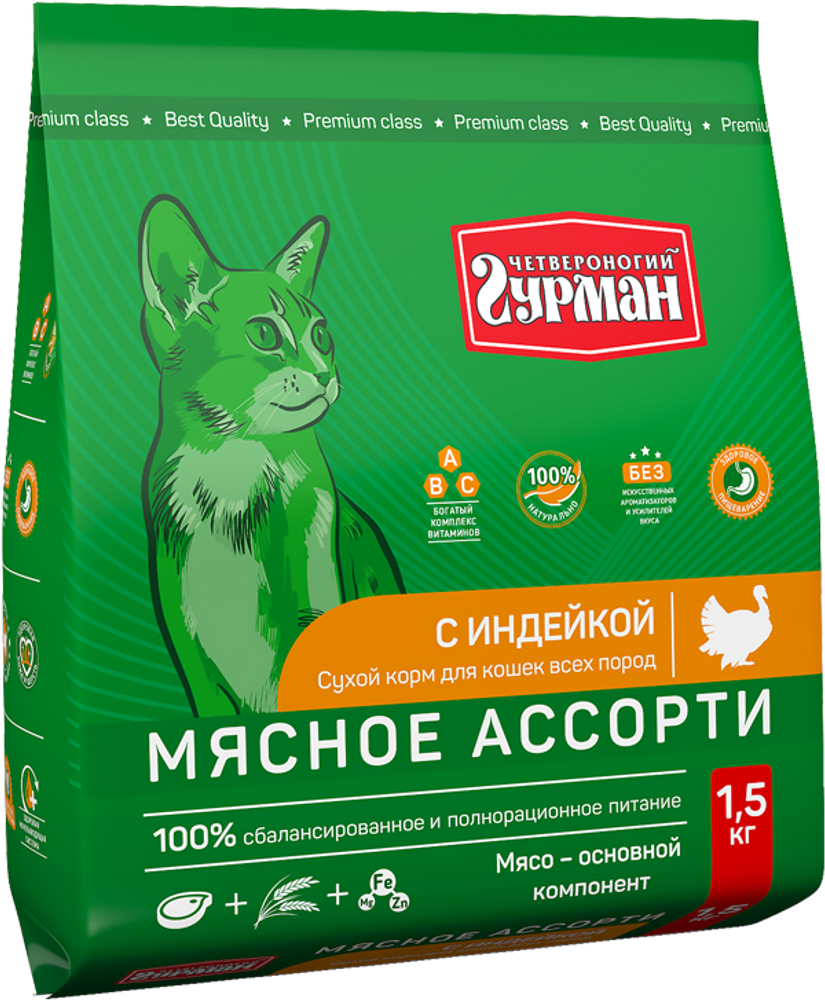 Корм сухой для кошек Четвероногий гурман &quot;Мясное ассорти с индейкой&quot;, 1,5 кг