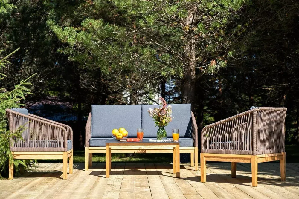 "Канны" лаунж-зона 4-местная из роупа со столиком "Канны" (серый гранит), основание дуб, роуп коричневый