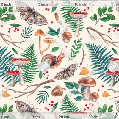 Акварельный лес с улиткой, мухоморами, мотыльком и папоротниками by Loft Bat 227 DPI