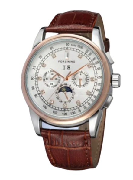 Часы наручные механические с автоподзаводом FORSINING на кожаном ремешке, золотистый/коричневый W9020-01