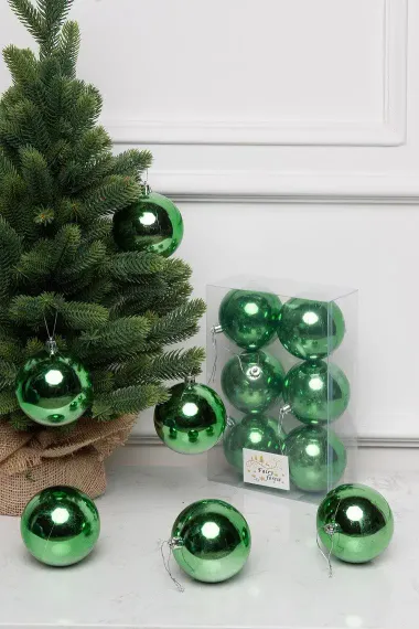 Набор пластиковых шаров Анет 80 мм., зеленый глянцевый, 6 шт., ЕлкиТорг (150330)