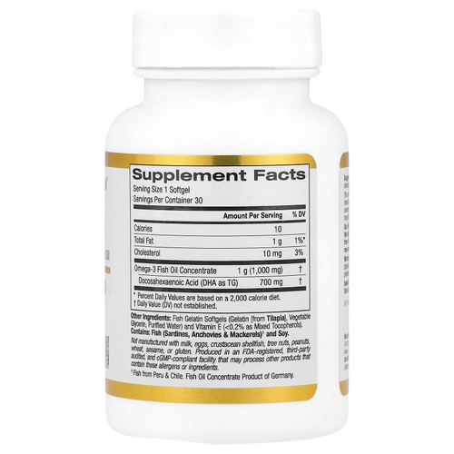 California Gold Nutrition, DHA 700, рыбий жир, ультраконцентрированный, 1000 мг, 30 капсул из рыбьего желатина