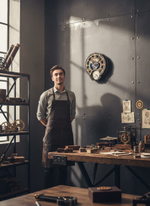 Мастерская с настенными часами-метеостанцией WOODandROOT Automaton 1722 — барометр, шестерёнки, дерево и металл ручной работы