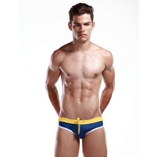 Мужские плавки брифы синие с желтым поясом SEOBEAN Swimsuit Blue Yellow
