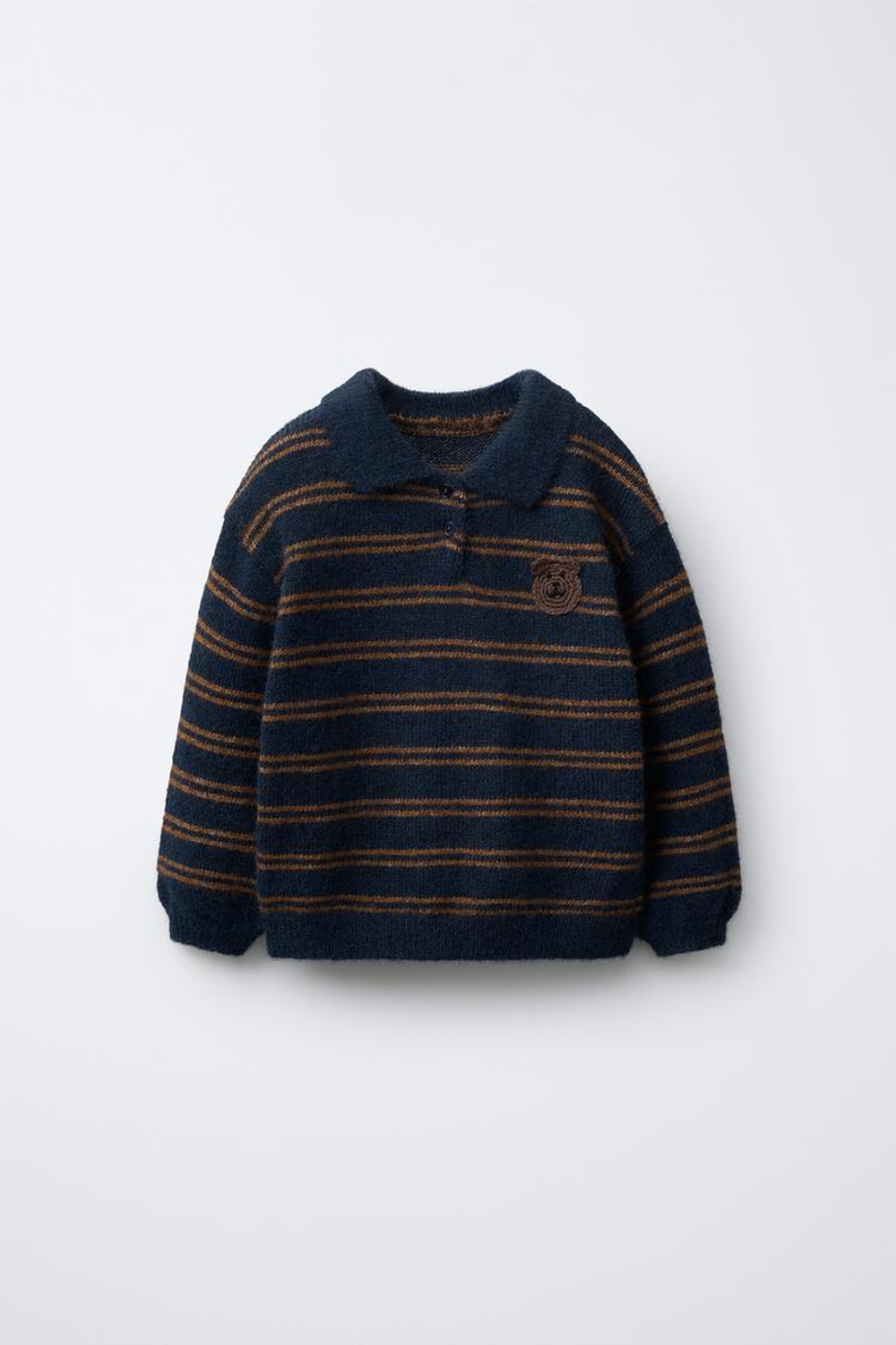 ZARA ВЯЗАНЫЙ ДЖЕМПЕР В ПОЛОСКУ С МЕДВЕДЕМ КРОШЕ, СИНИЙ