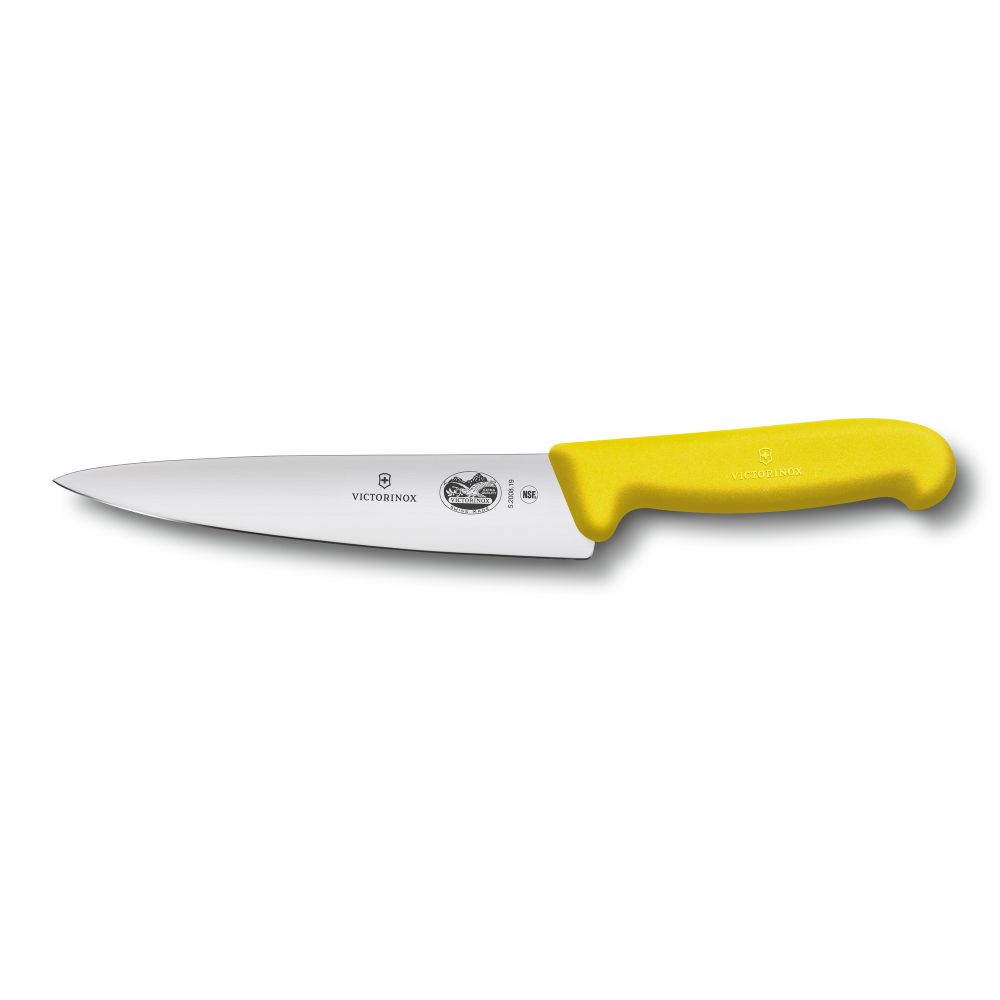 Фото нож разделочный VICTORINOX Fibrox с лезвием из нержавеющей стали 19 см и рукоятью из пластика жёлтого цвета с гарантией